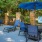 a group of chairs and umbrellas sit outside